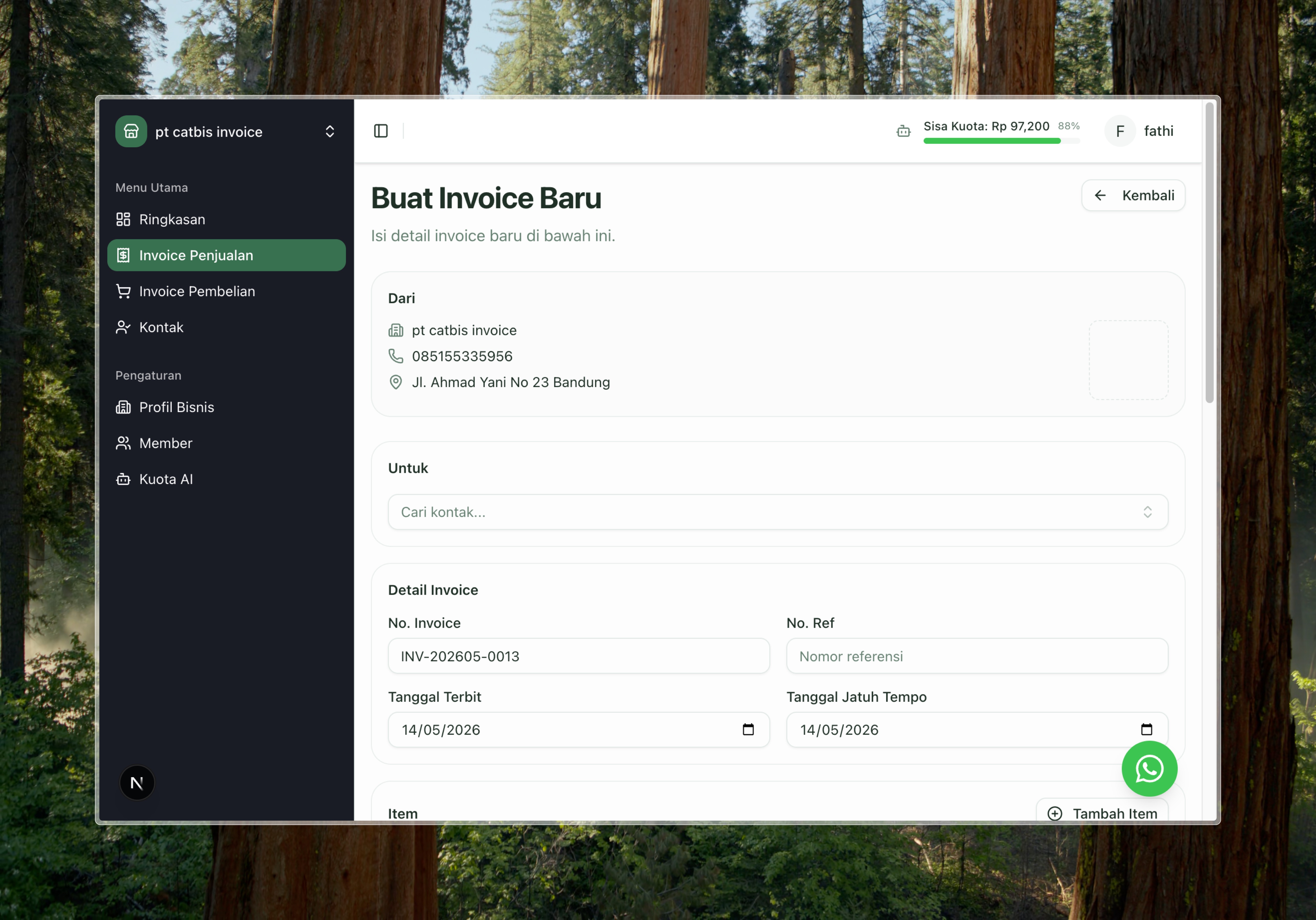 Dashboard pembuatan invoice Invobis
