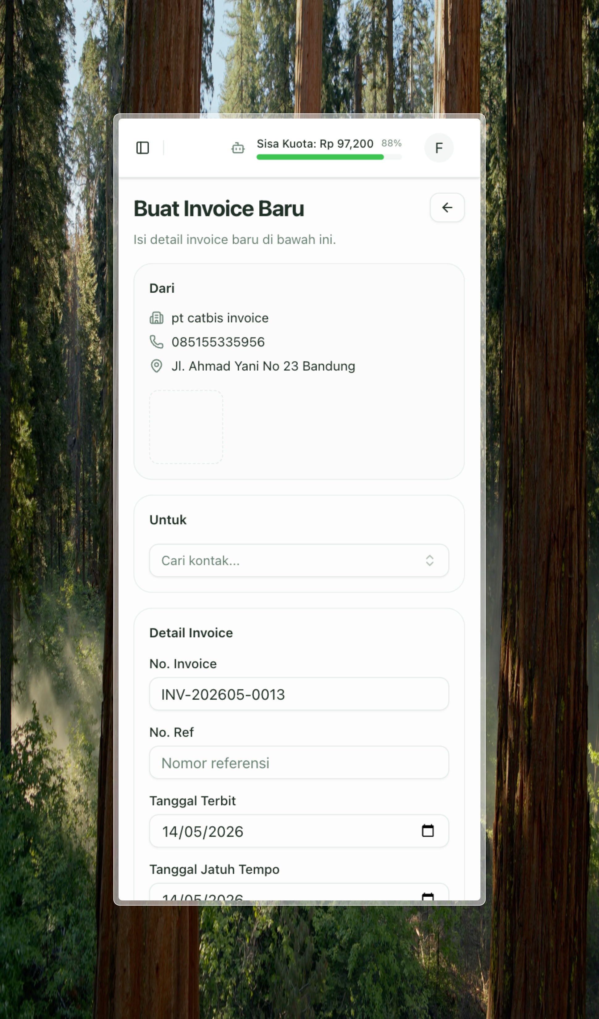 Dashboard pembuatan invoice Invobis